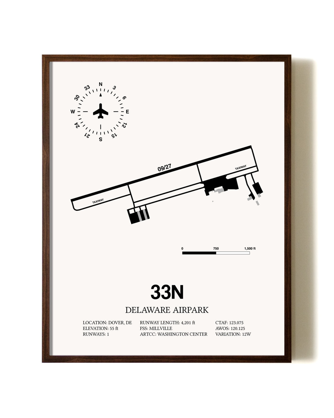 Delaware Airpark aviation print in walnut frame