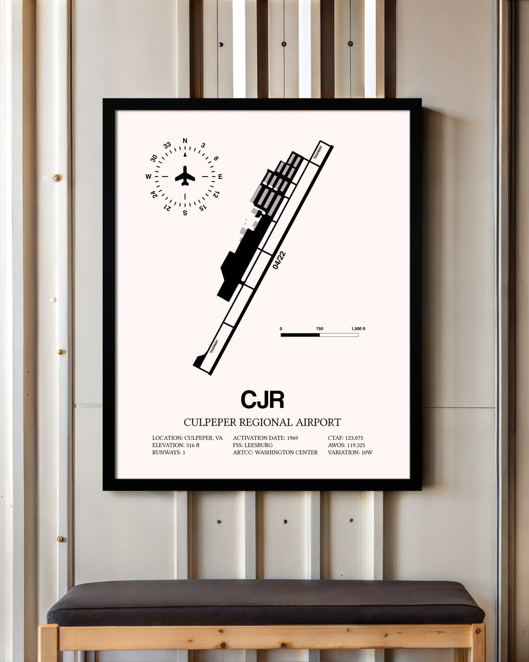 Culpeper Regional Airport framed poster displayed in an airplane hangar