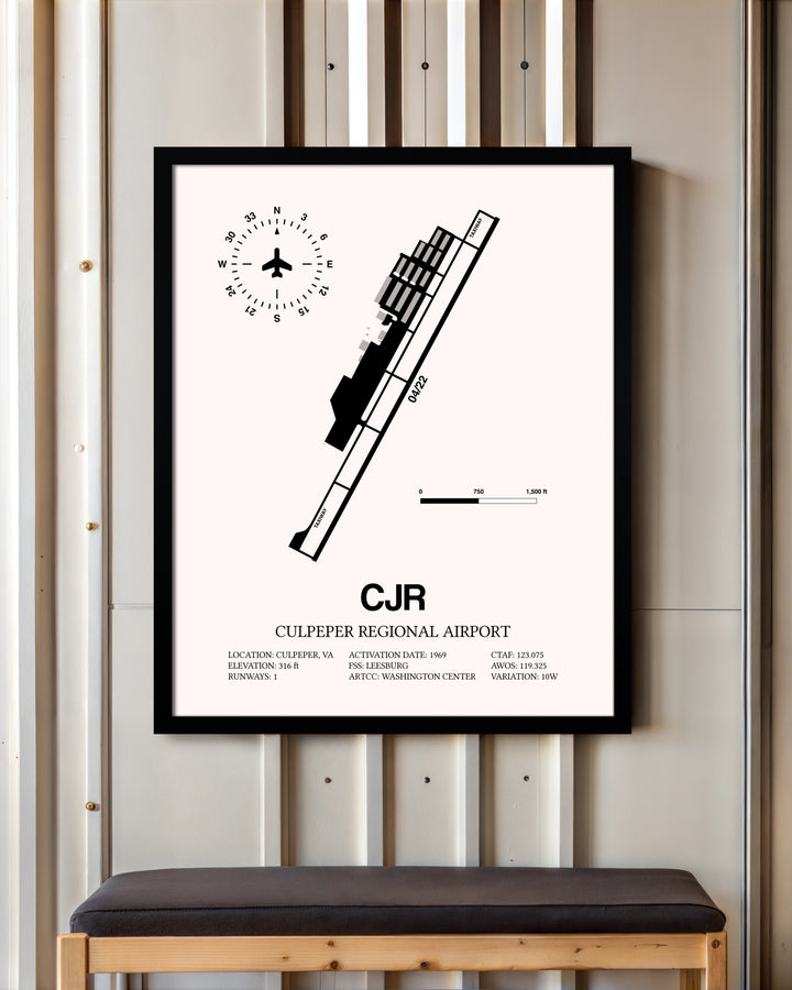 Culpeper Regional Airport framed poster displayed in an airplane hangar