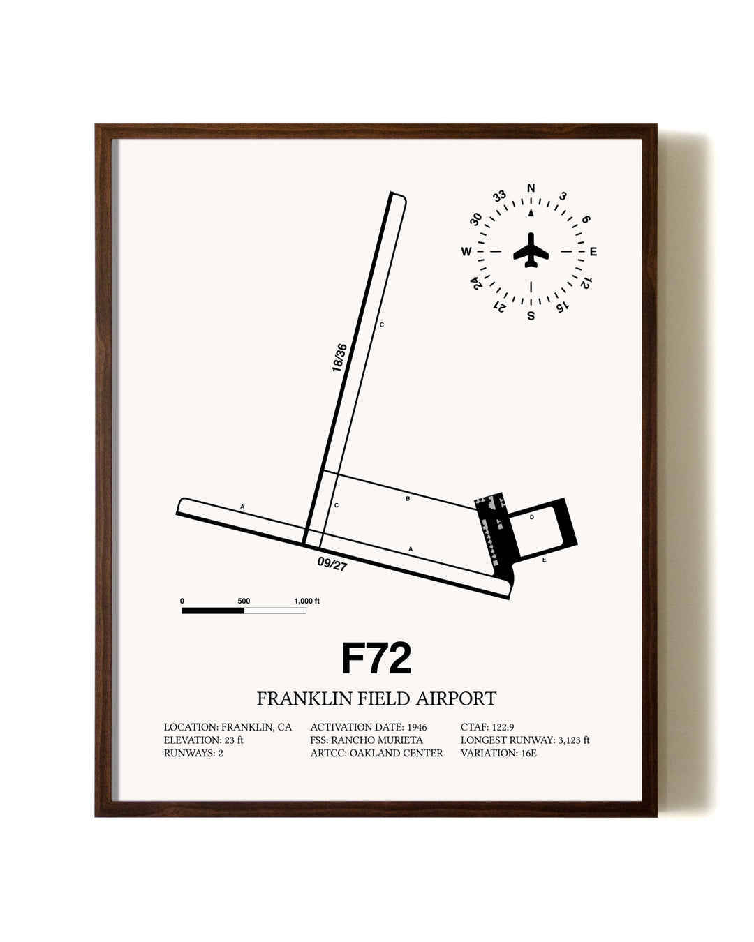 Franklin Field Airport aviation print in walnut frame