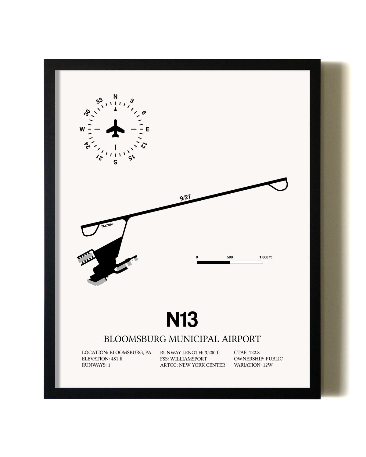 Framed Bloomsburg Municipal Airport wall art poster in black frame