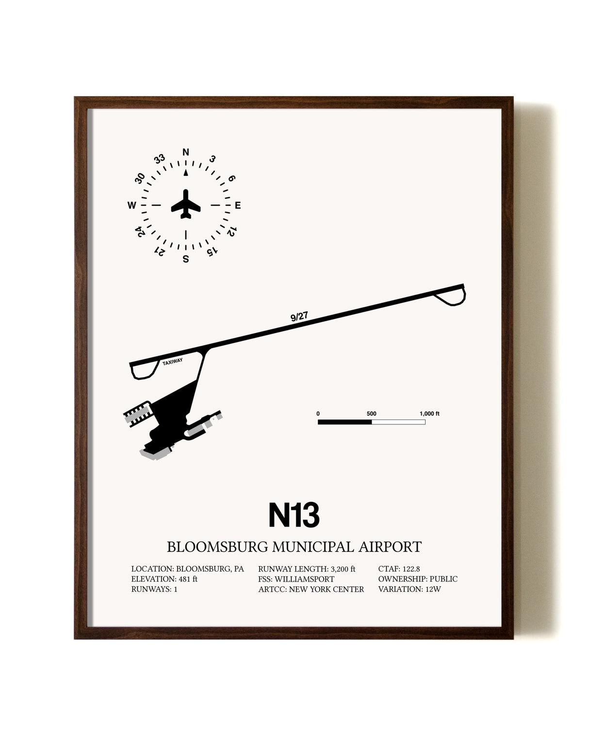 Bloomsburg Municipal Airport aviation print in walnut frame