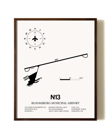 Bloomsburg Municipal Airport aviation print in walnut frame