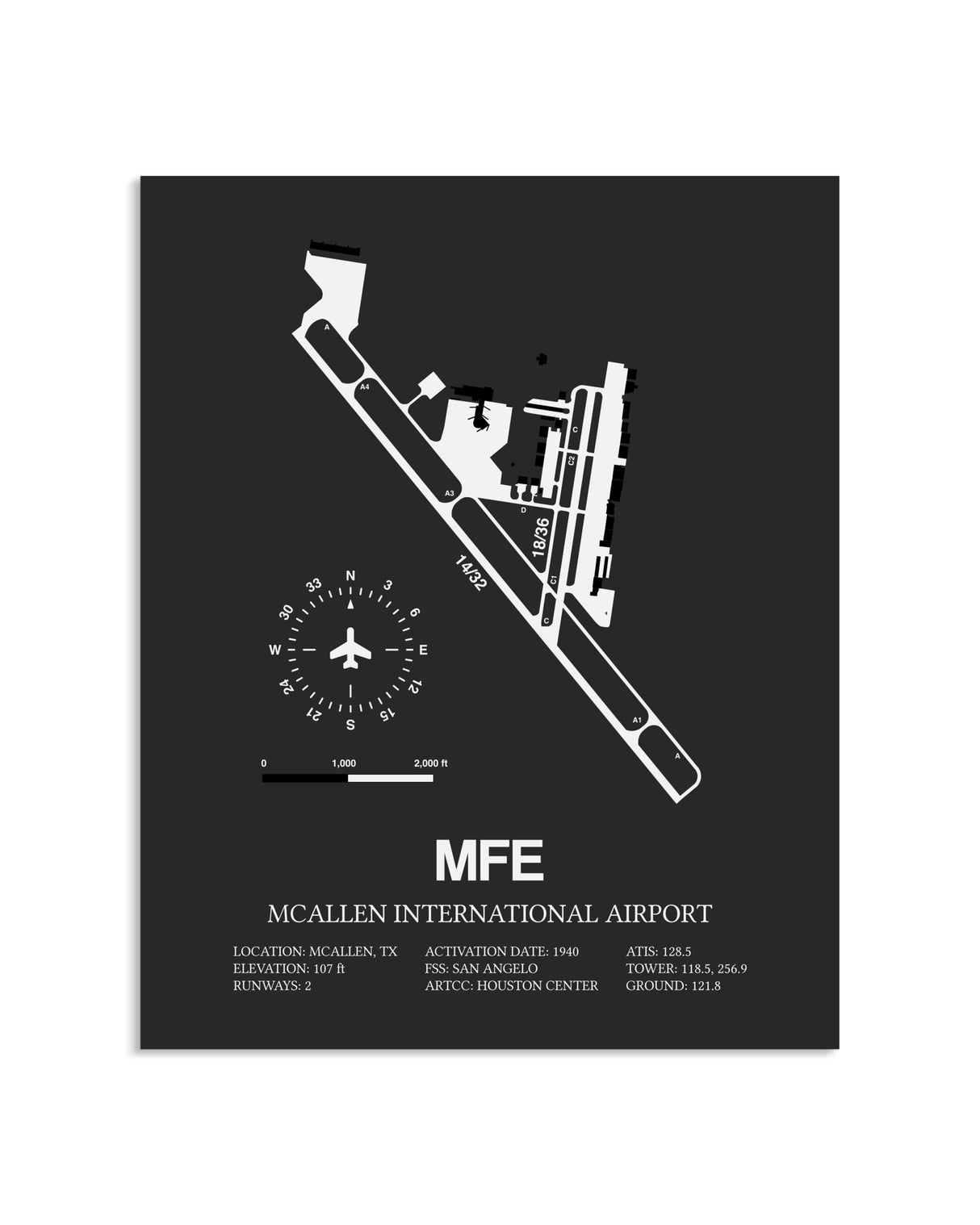 Gray Framed McAllen International Airport layout wall art poster
