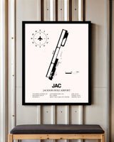 Jackson Hole Airport framed poster displayed in an airplane hangar