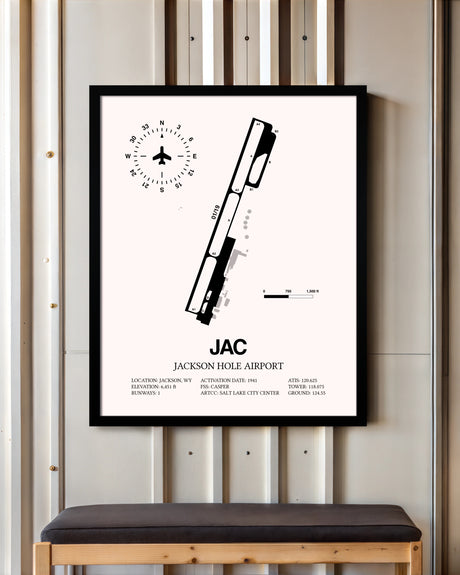 Jackson Hole Airport framed poster displayed in an airplane hangar