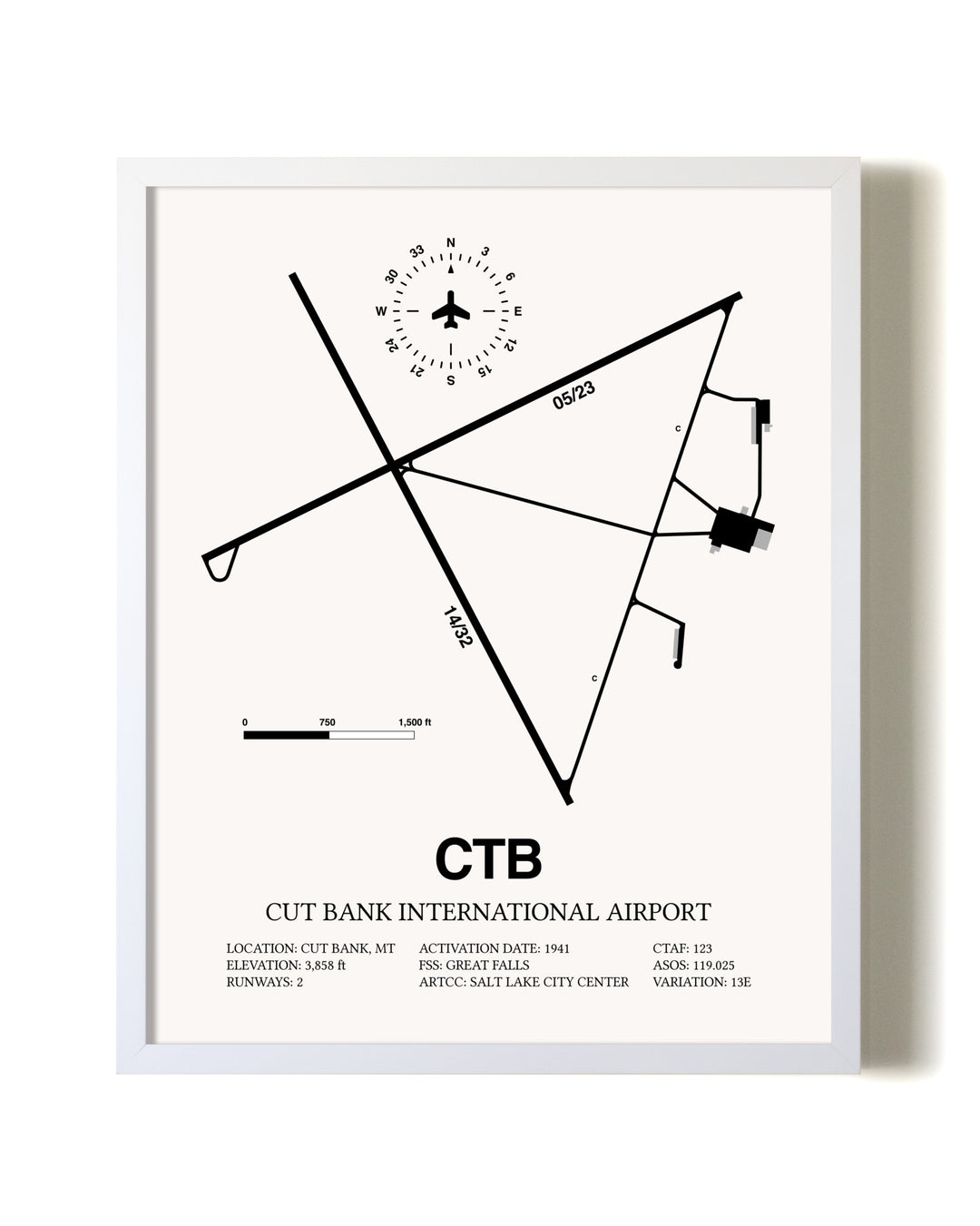 Cut Bank International Airport airport map poster in oak frame