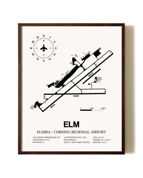 Elmira / Corning Regional Airport aviation print in walnut frame