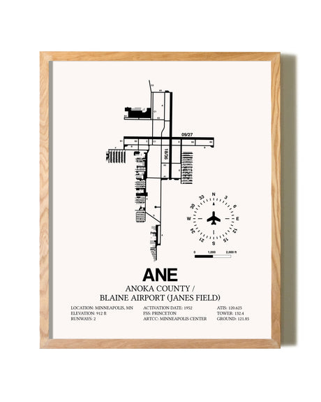 Anoka County/Blaine Airport (Janes Field) framed print in natural wood frame