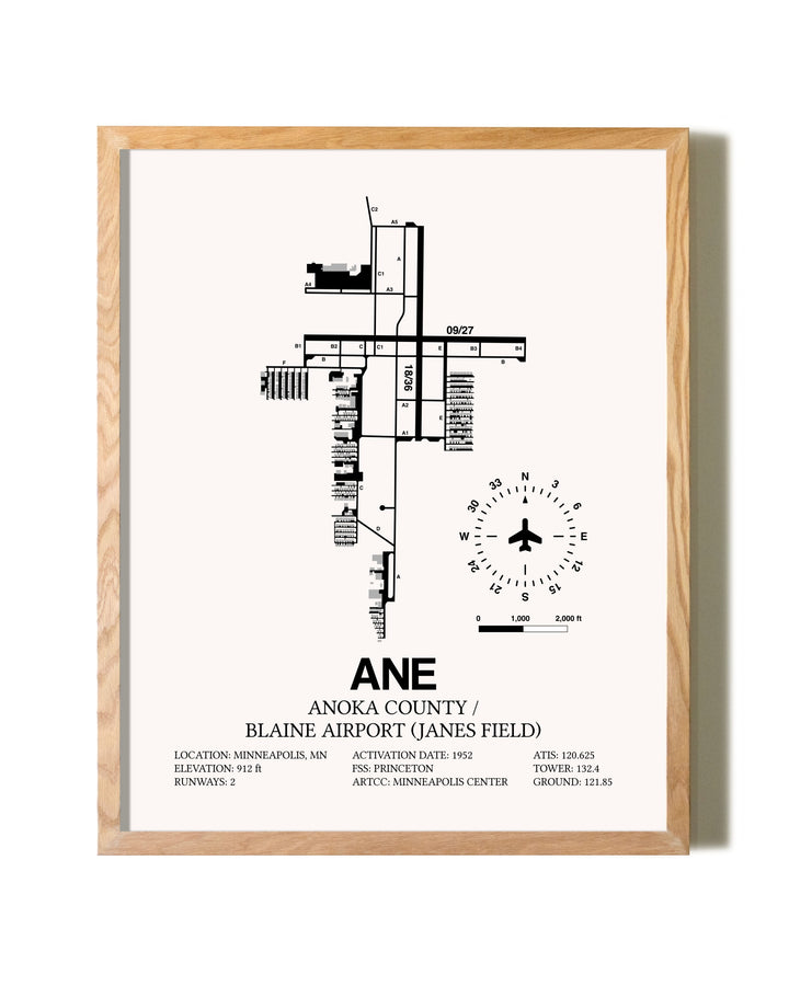 Anoka County/Blaine Airport (Janes Field) framed print in natural wood frame