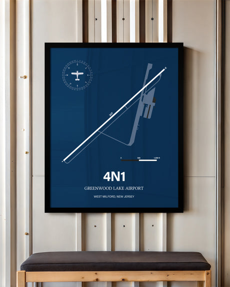 Greenwood Lake Airport framed poster displayed in an airplane hangar