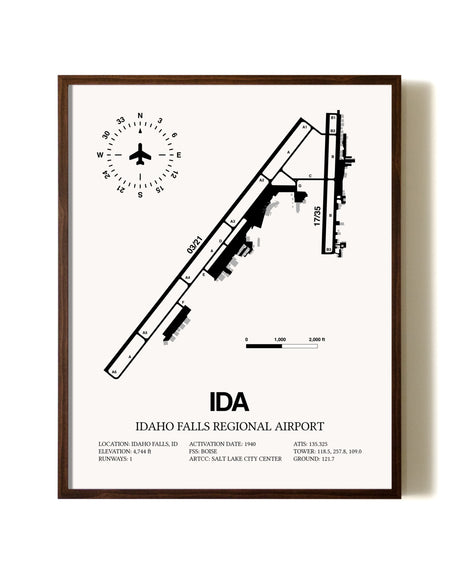 Idaho Falls Regional Airport aviation print in walnut frame