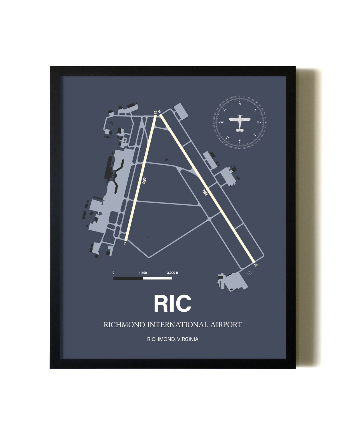 Blue and Cream Framed Richmond International Airport layout wall art poster