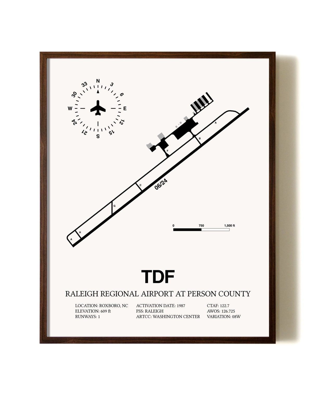 Raleigh Regional Airport At Person County aviation print in walnut frame