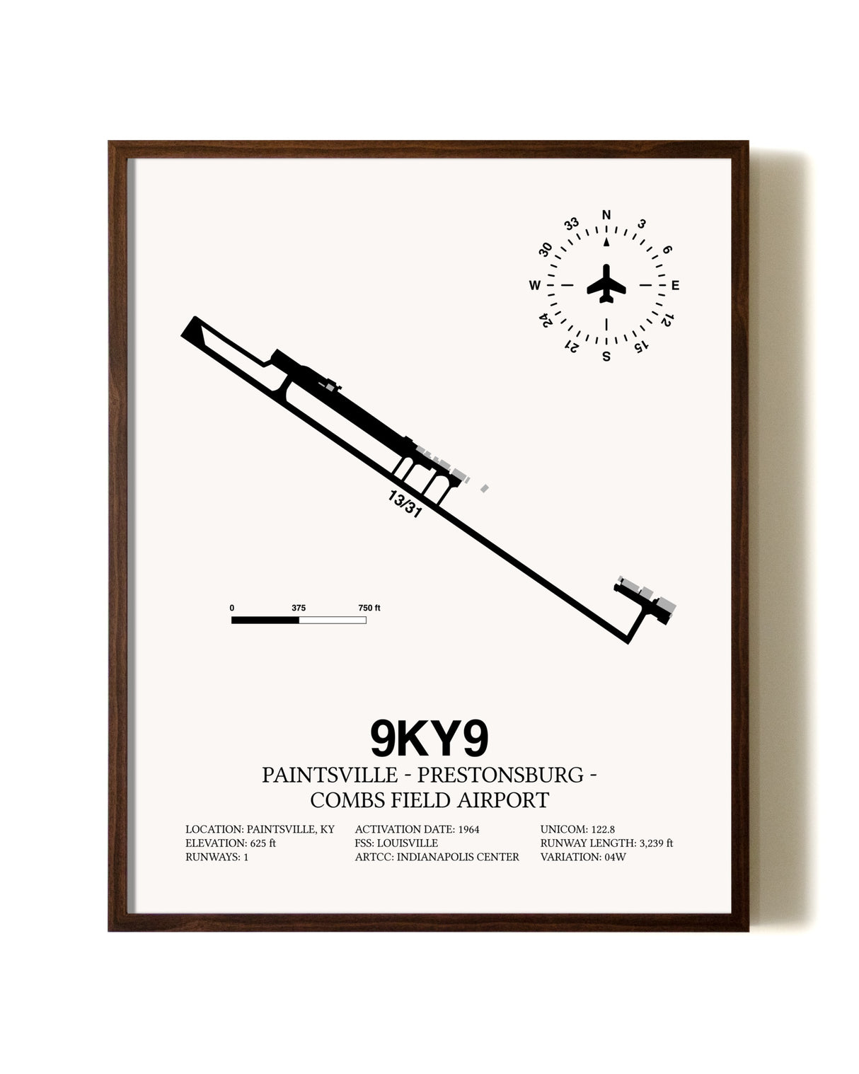 Paintsville-Prestonsburg - Combs Field Airport aviation print in walnut frame