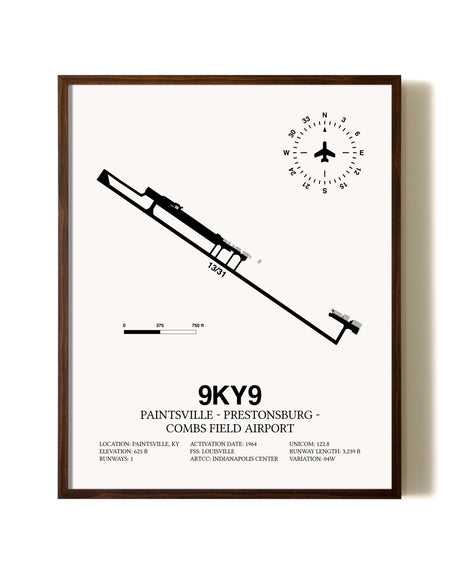 Paintsville-Prestonsburg - Combs Field Airport aviation print in walnut frame
