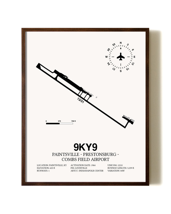 Paintsville-Prestonsburg - Combs Field Airport aviation print in walnut frame