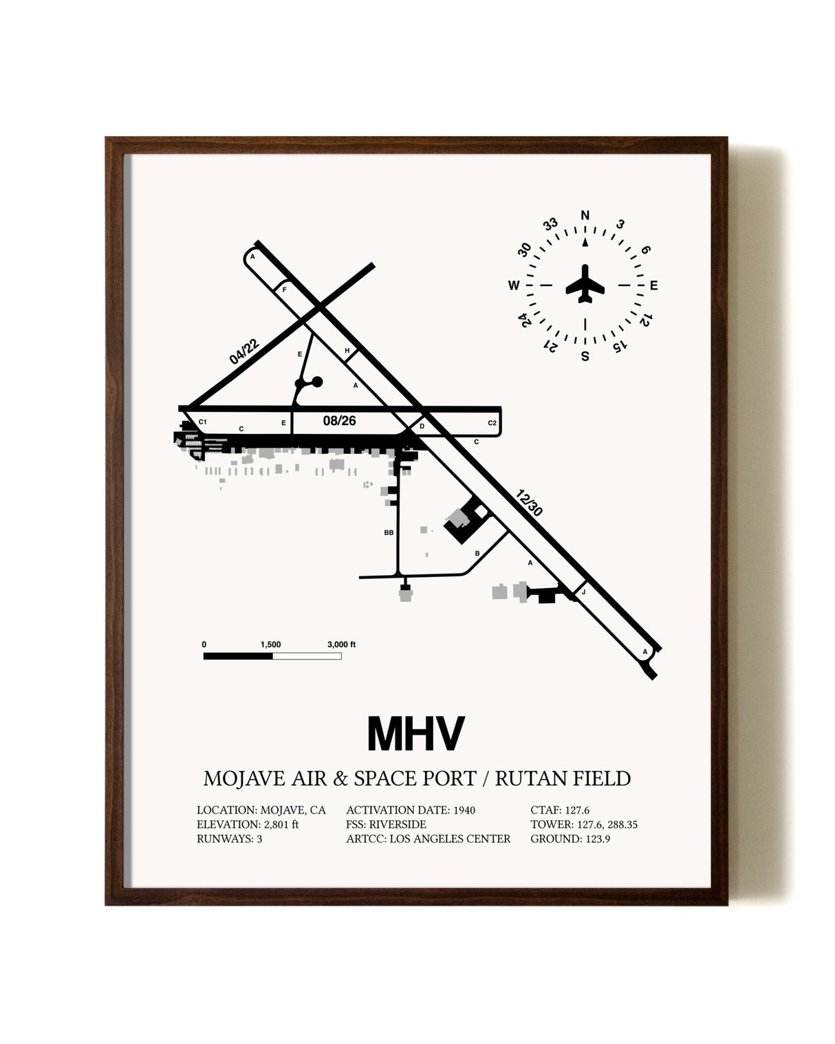 Mojave Air & Space Port / Rutan Field aviation print in walnut frame