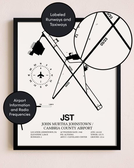 Framed John Murtha Johnstown / Cambria County Airport layout wall art poster