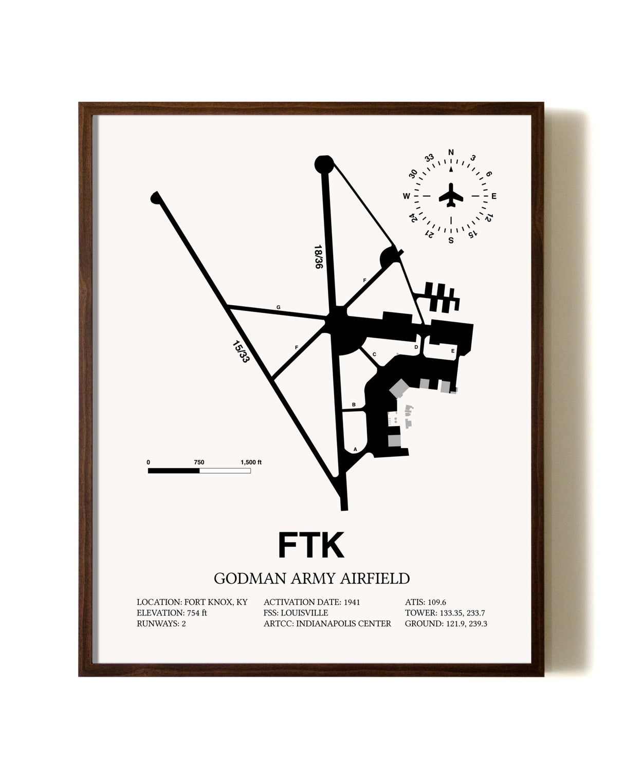 Godman Army Airfield aviation print in walnut frame