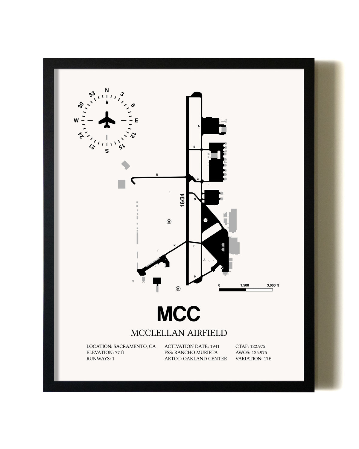 Framed McClellan Airfield wall art poster in black frame