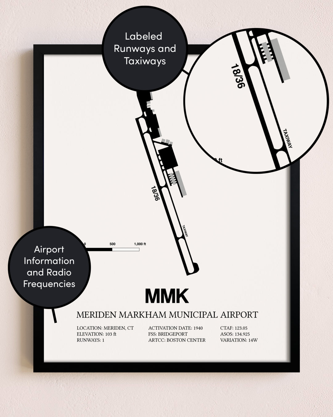 Framed Meriden Markham Municipal Airport layout wall art poster