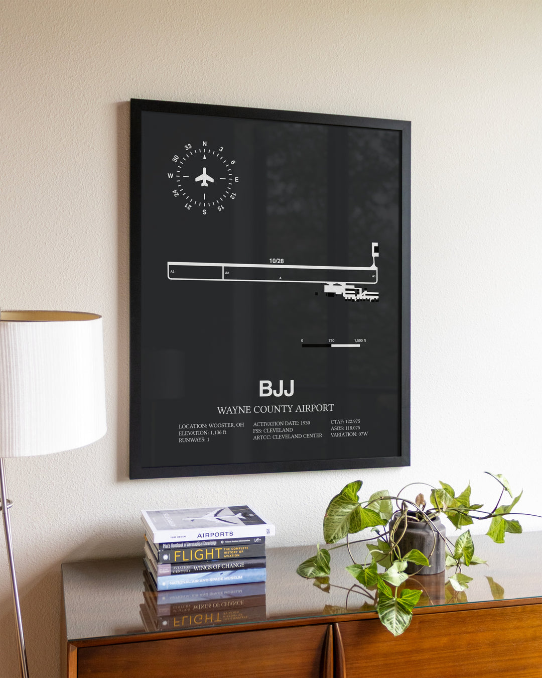 Gray Framed Wayne County Airport wall art poster in black frame