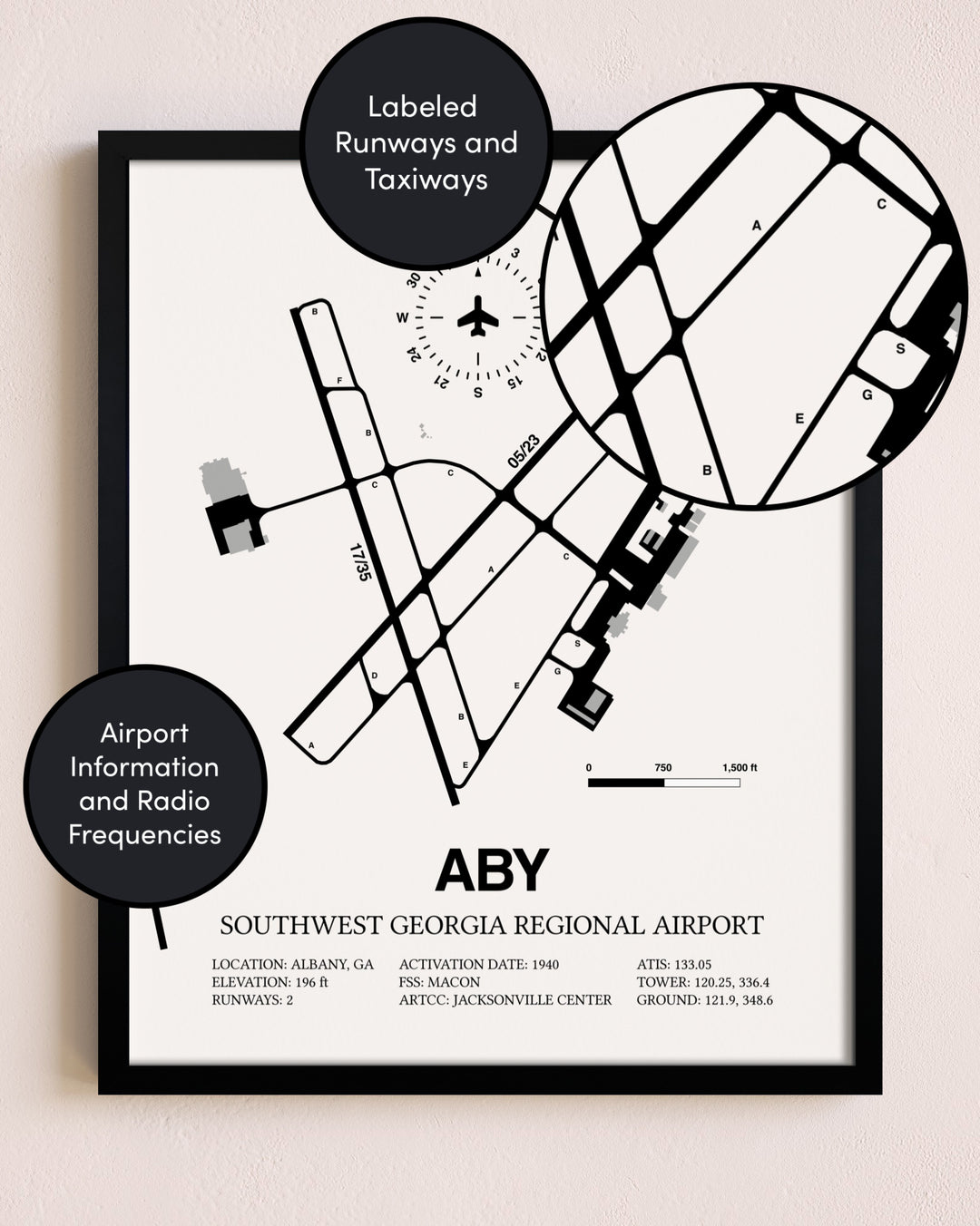 Framed Southwest Georgia Regional Airport layout wall art poster