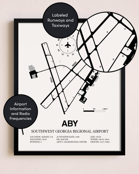 Framed Southwest Georgia Regional Airport layout wall art poster