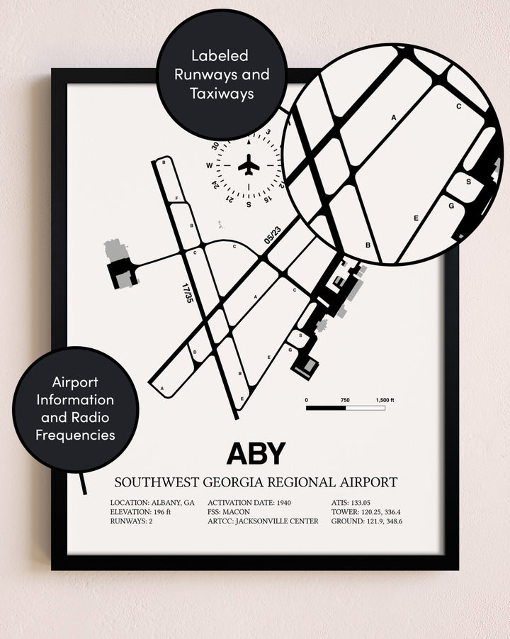 Framed Southwest Georgia Regional Airport layout wall art poster