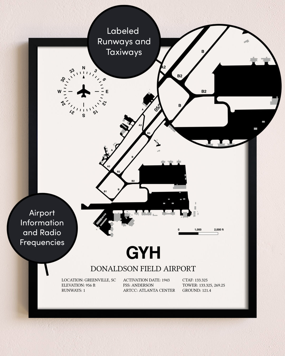 Framed Donaldson Field Airport layout wall art poster