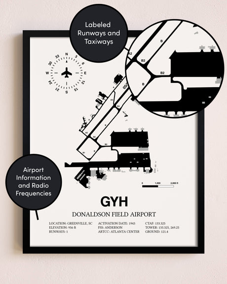 Framed Donaldson Field Airport layout wall art poster