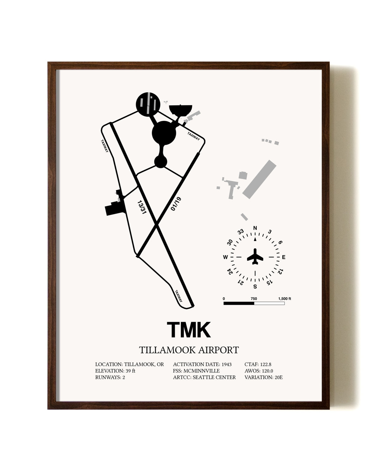 Tillamook Airport aviation print in walnut frame