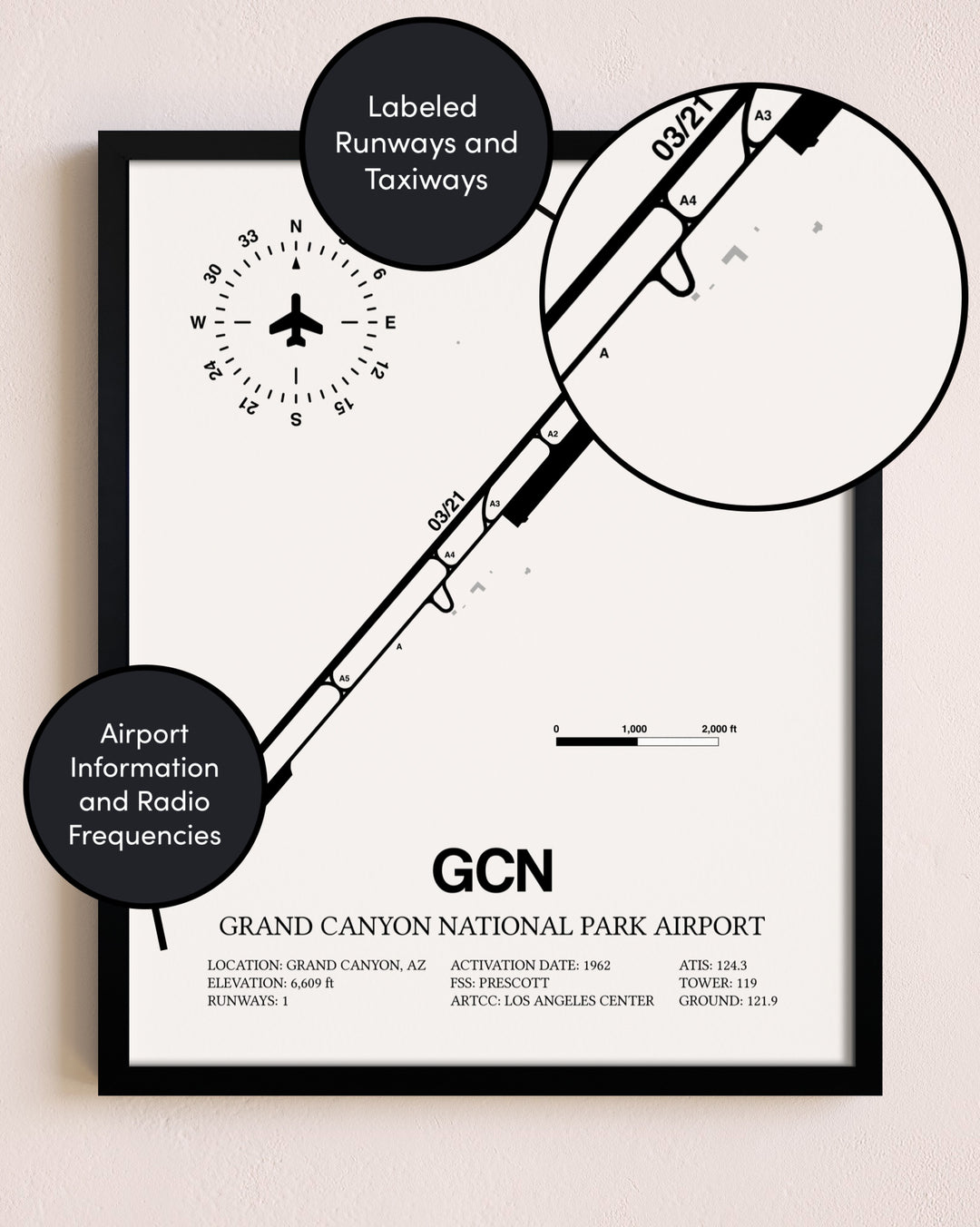 Framed Grand Canyon National Park Airport layout wall art poster