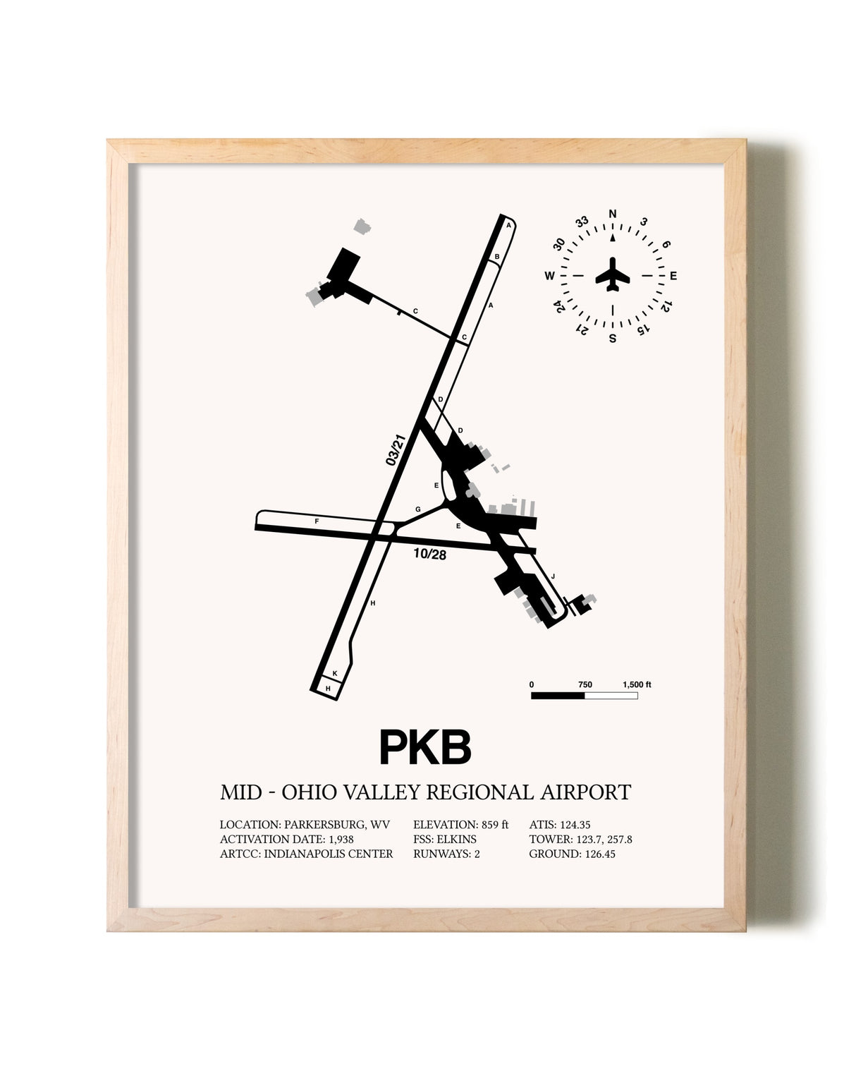 Mid-Ohio Valley Regional Airport framed wall art in white frame
