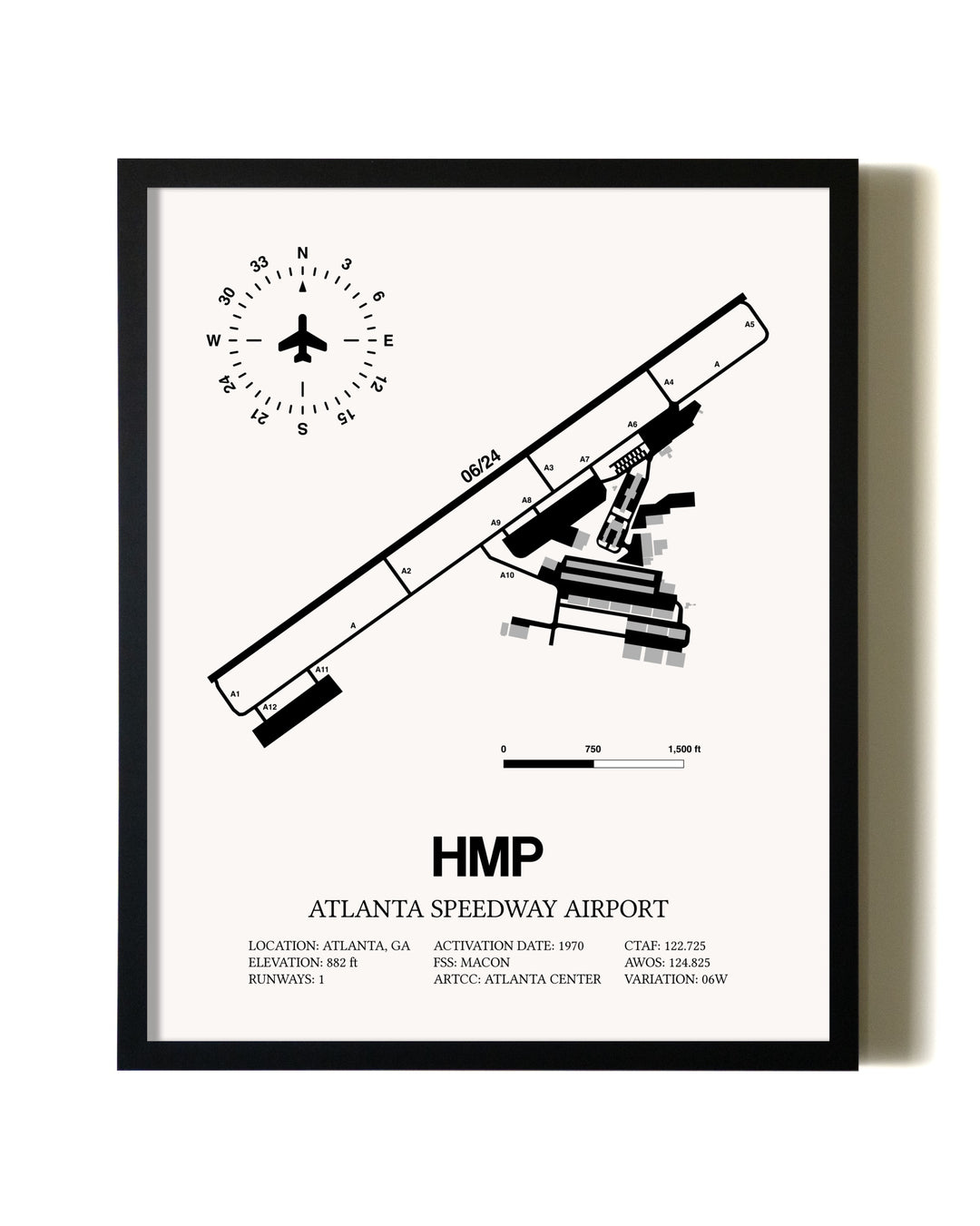 Framed Atlanta Speedway Airport wall art poster in black frame