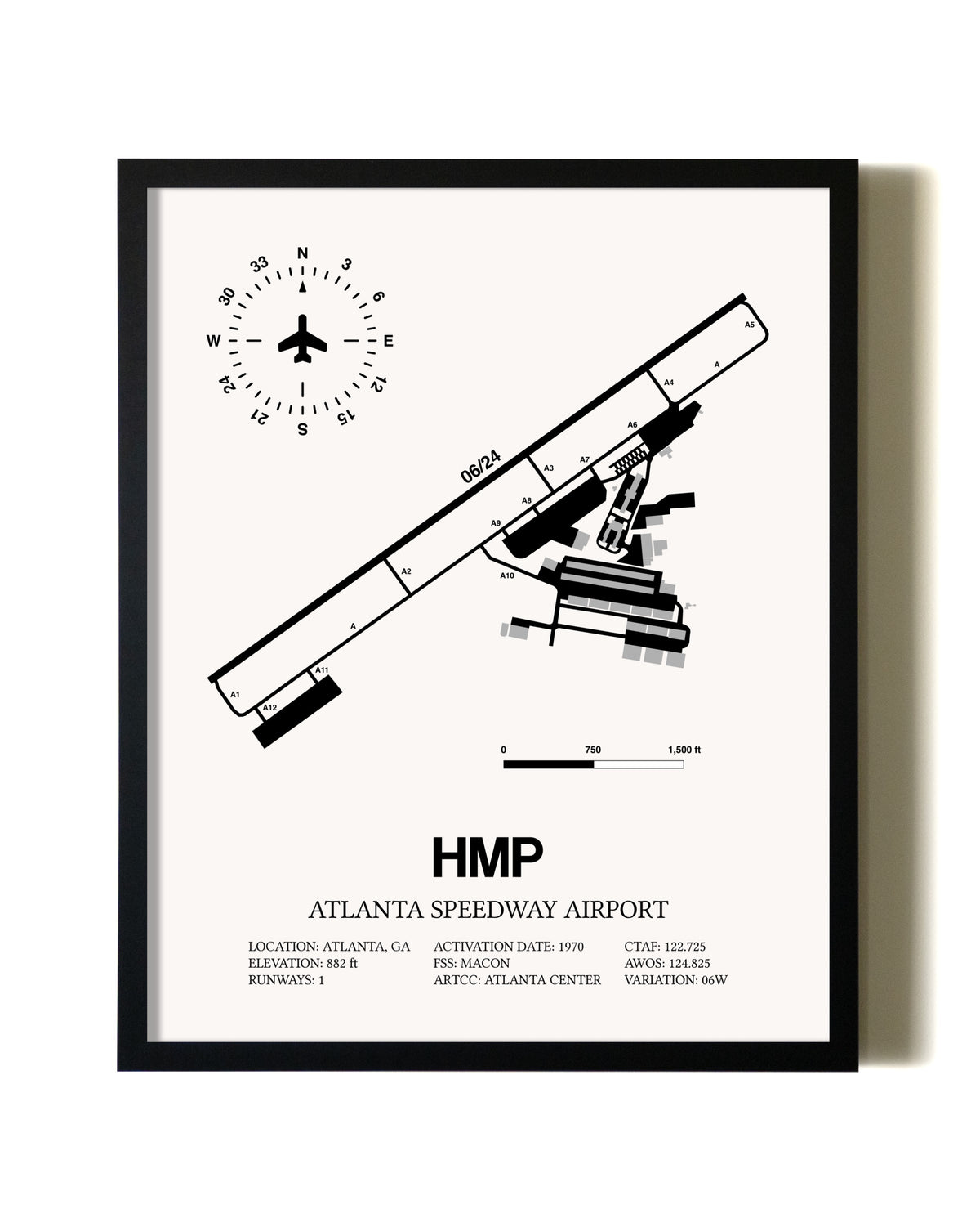 Framed Atlanta Speedway Airport wall art poster in black frame