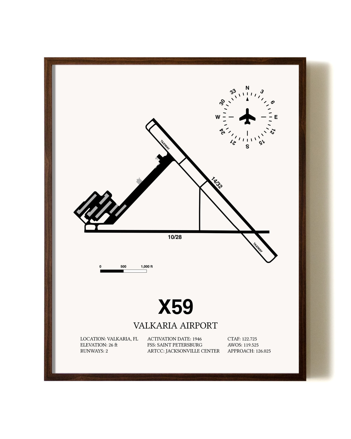 Valkaria Airport aviation print in walnut frame