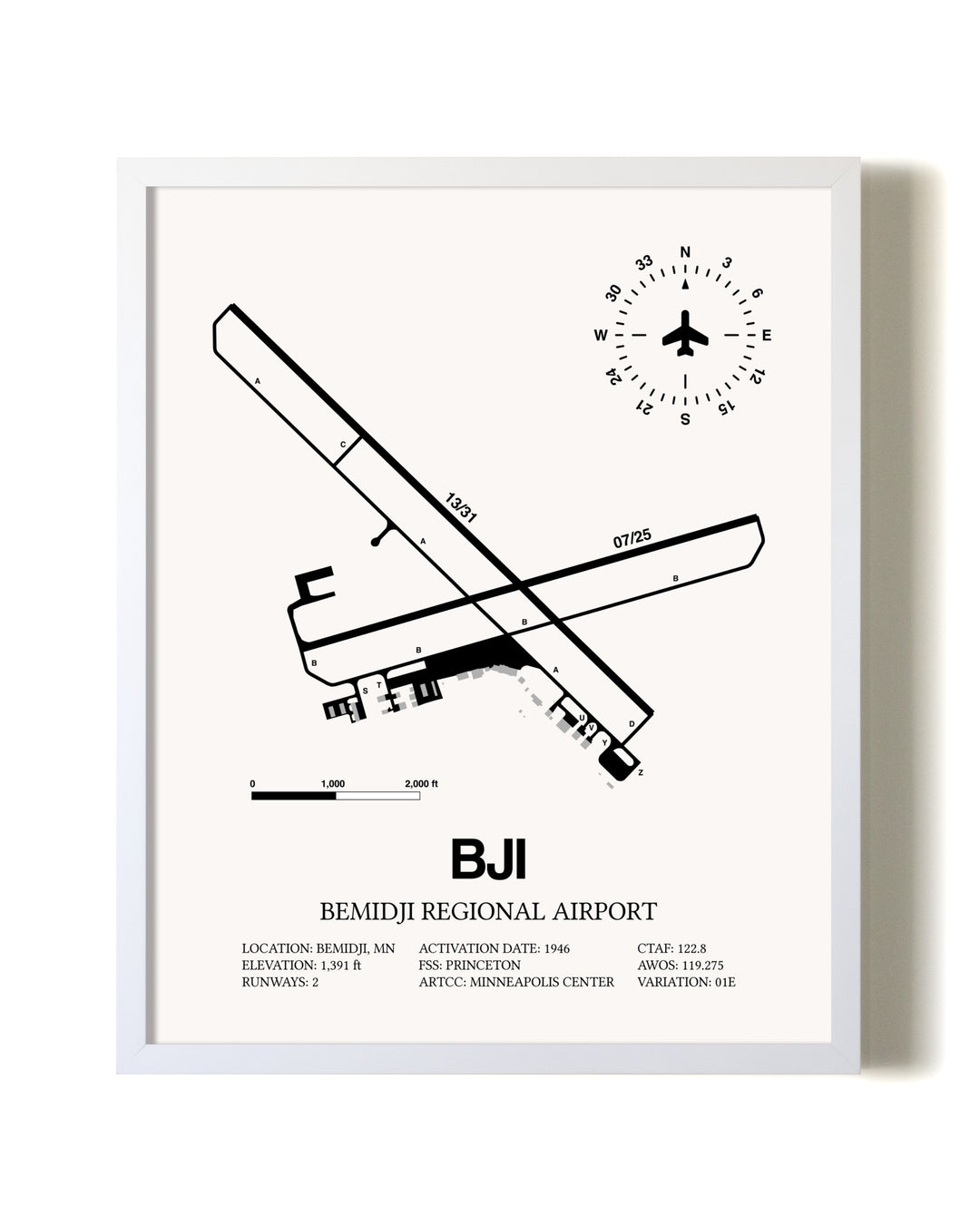 Bemidji Regional Airport airport map poster in oak frame