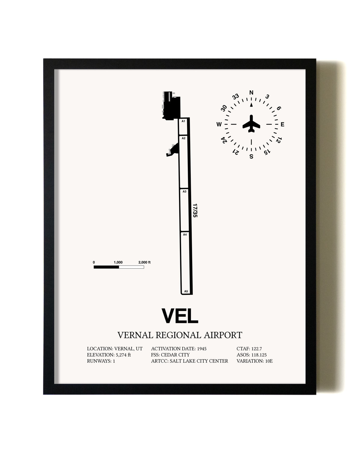Framed Vernal Regional Airport wall art poster in black frame