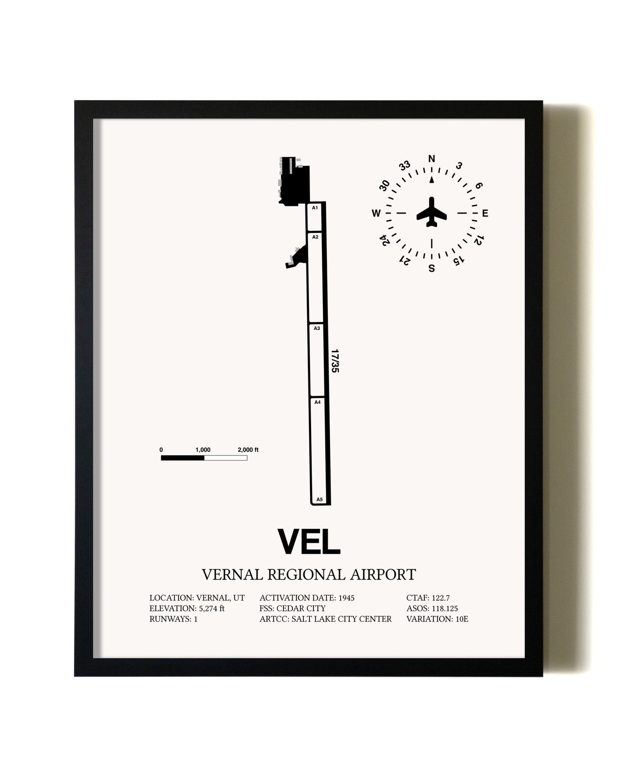 Framed Vernal Regional Airport wall art poster in black frame