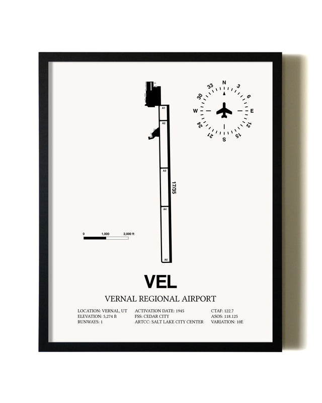 Framed Vernal Regional Airport wall art poster in black frame