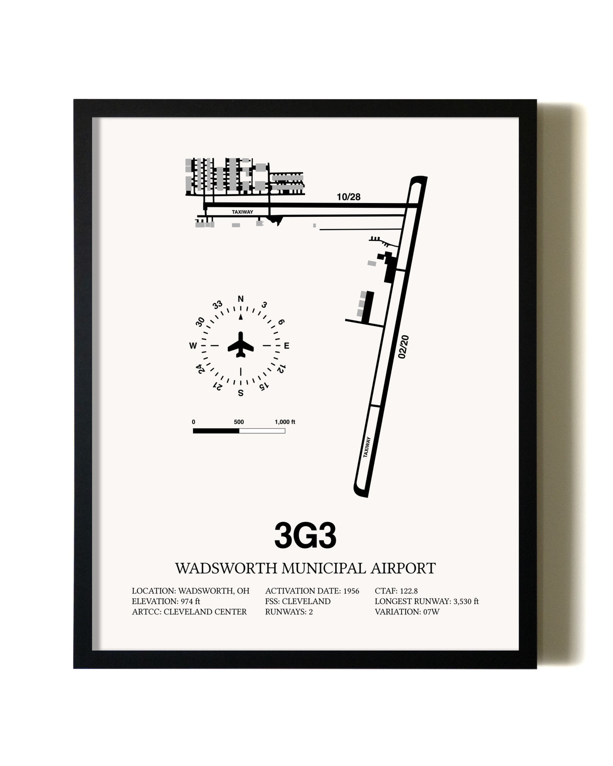Framed Wadsworth Municipal Airport wall art poster in black frame