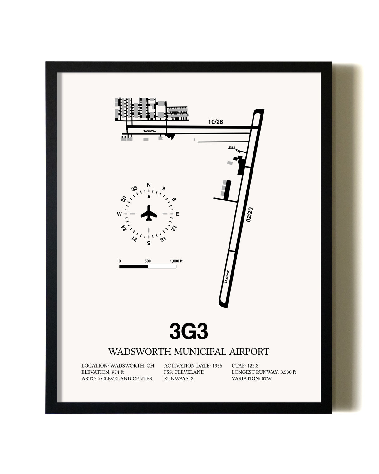 Framed Wadsworth Municipal Airport wall art poster in black frame