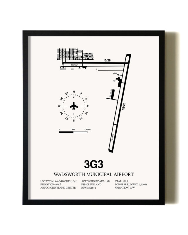 Framed Wadsworth Municipal Airport wall art poster in black frame