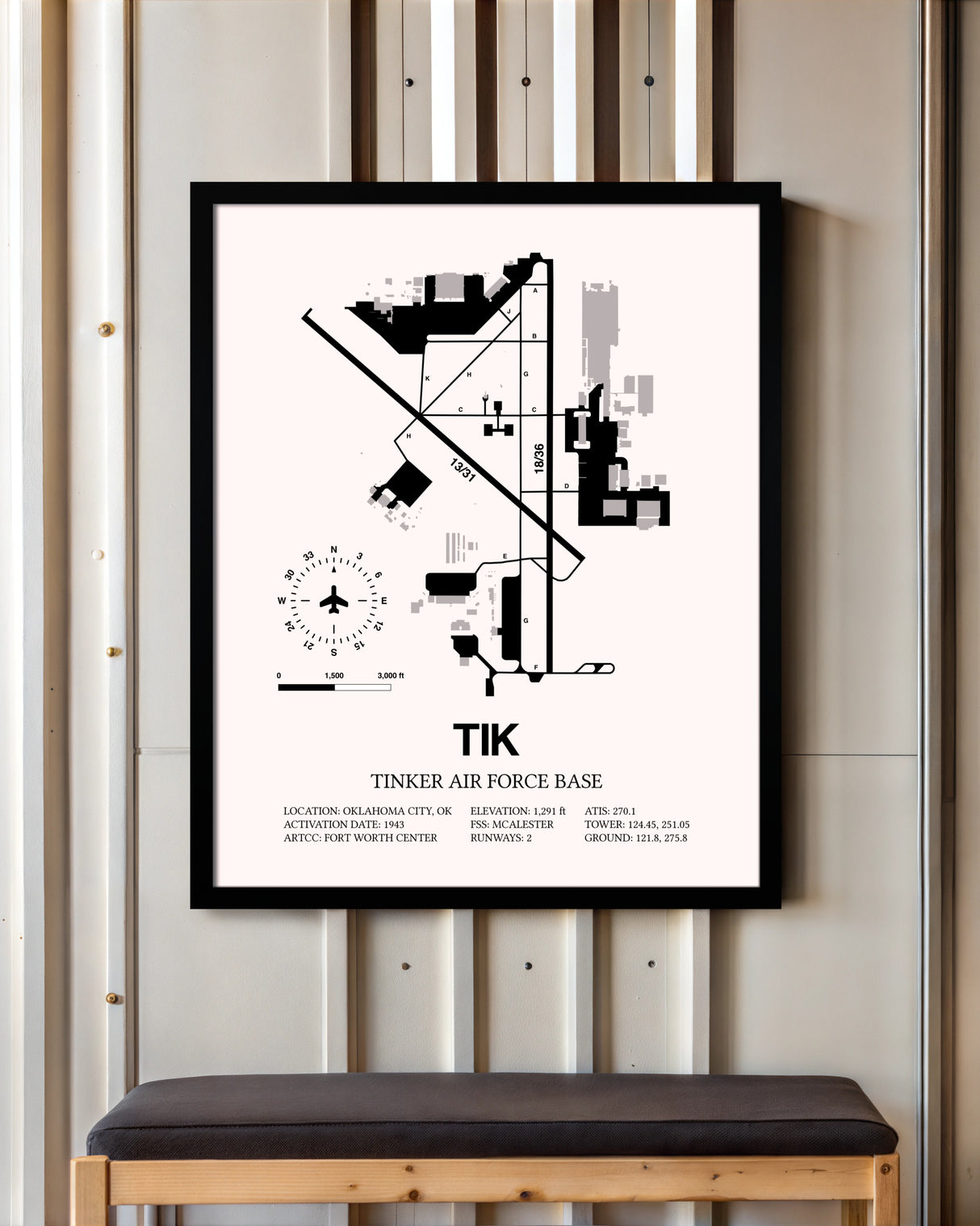 Tinker Air Force Base framed poster displayed in an airplane hangar