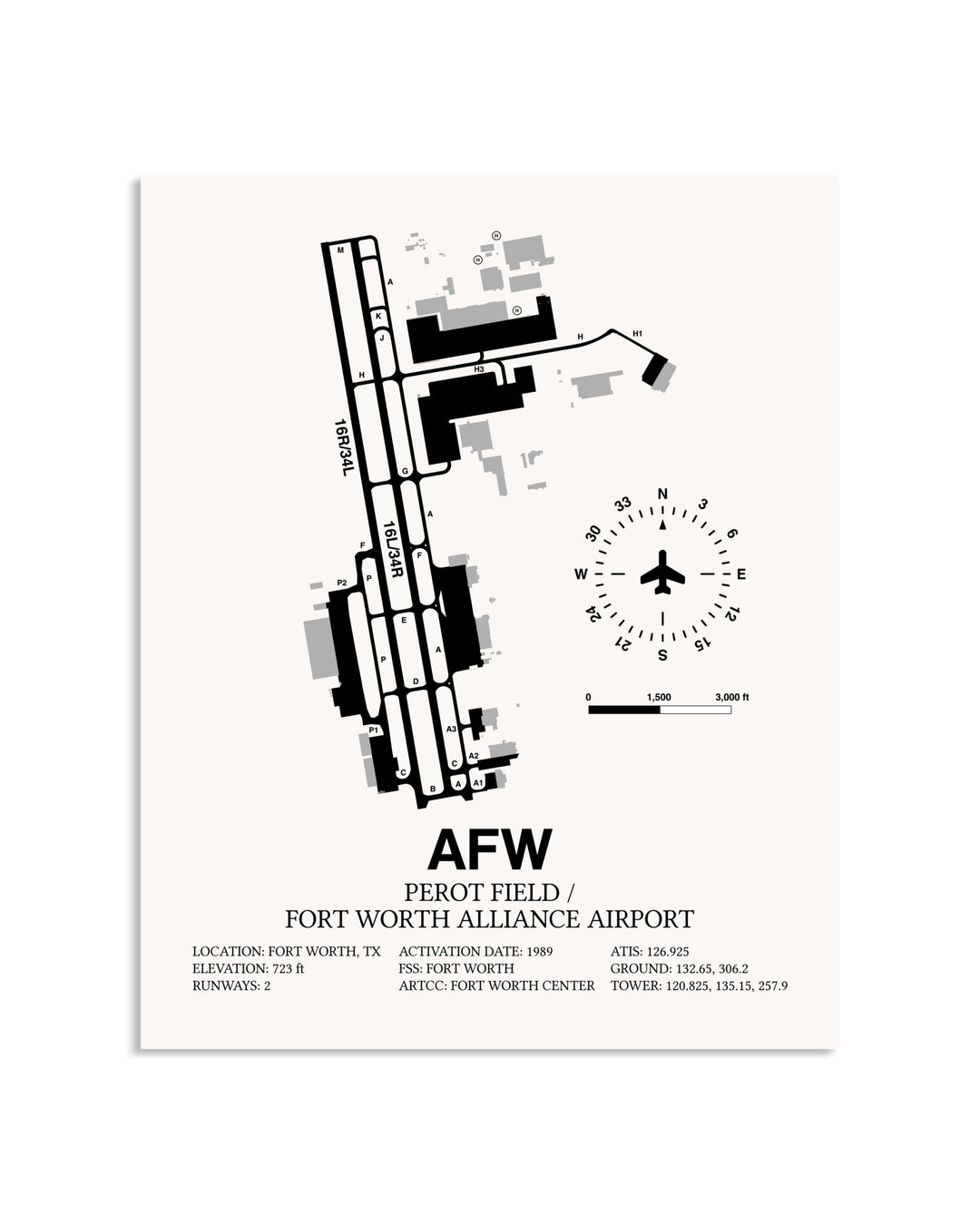 Gray Perot Field / Fort Worth Alliance Airport framed poster displayed in an airplane hangar