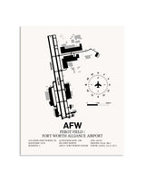 Gray Perot Field / Fort Worth Alliance Airport framed poster displayed in an airplane hangar