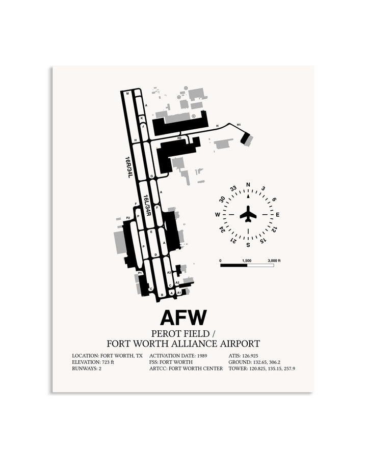 Gray Perot Field / Fort Worth Alliance Airport framed poster displayed in an airplane hangar