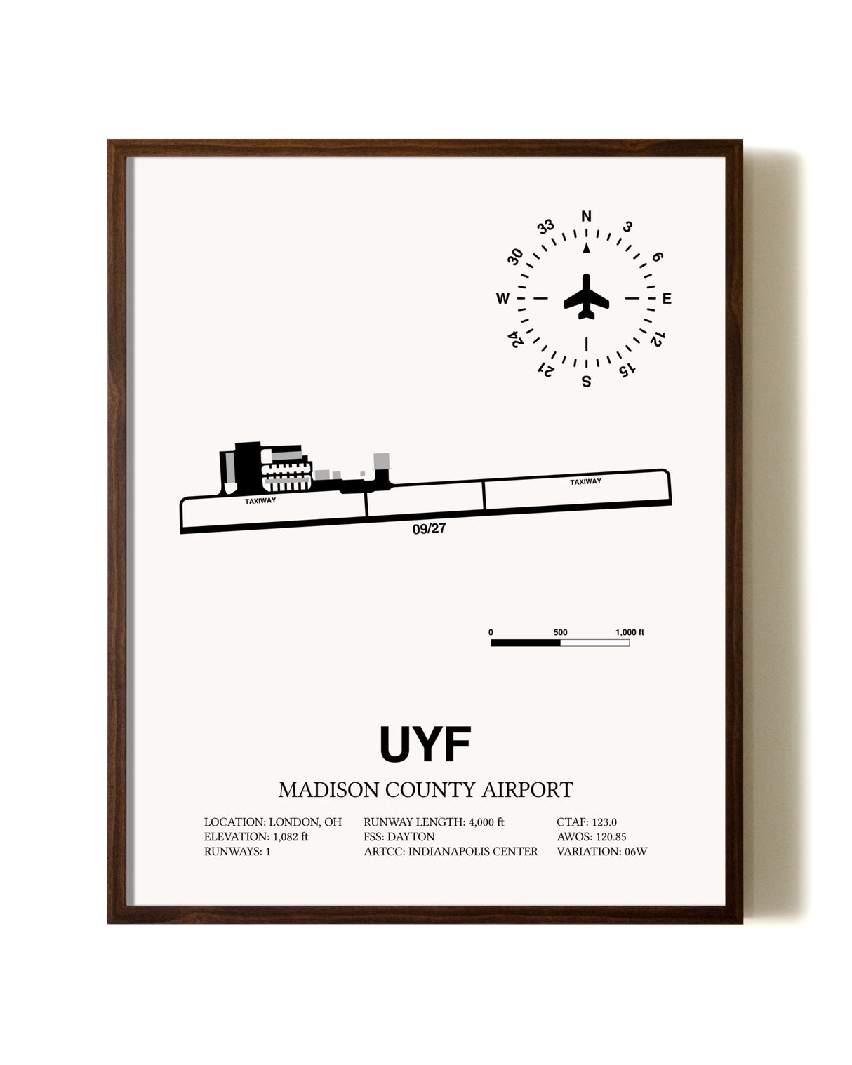 Madison County Airport aviation print in walnut frame